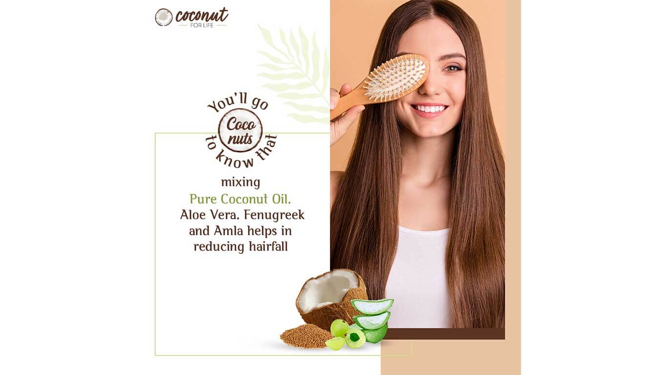 Mixing Pure Coconut Oil, Aloe Vera, Fenugreek and Amla helps in reducing hairfall